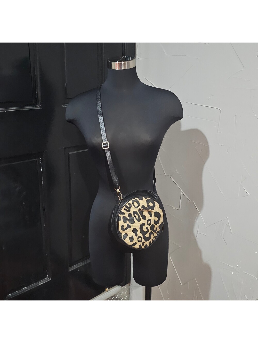 Round Leopard Print Lightweight Crossbody Bag Black Trim